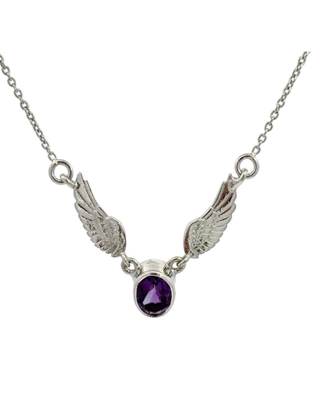 925 Sterling Silver Angel Wing Oval Amethyst Pendant Necklace